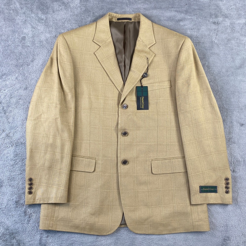 Daniel Gray Blazer Mens 42R Tan Fabbio 100% Silk Windowpane Plaid 3-Button NWT